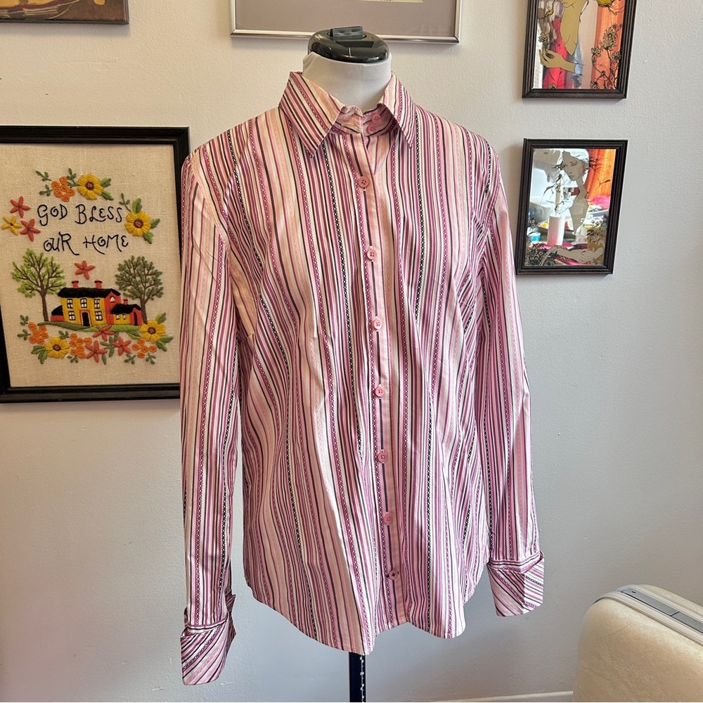 Vintage Deadstock Tommy Hilfiger 90s Pink Preppy Stripe Cotton Weave Button-Up